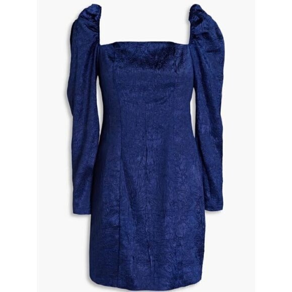 Samsøe Samsøe Nomie Gathered Textured Satin Mini Dress Size Large Navy Blue - Picture 2 of 9